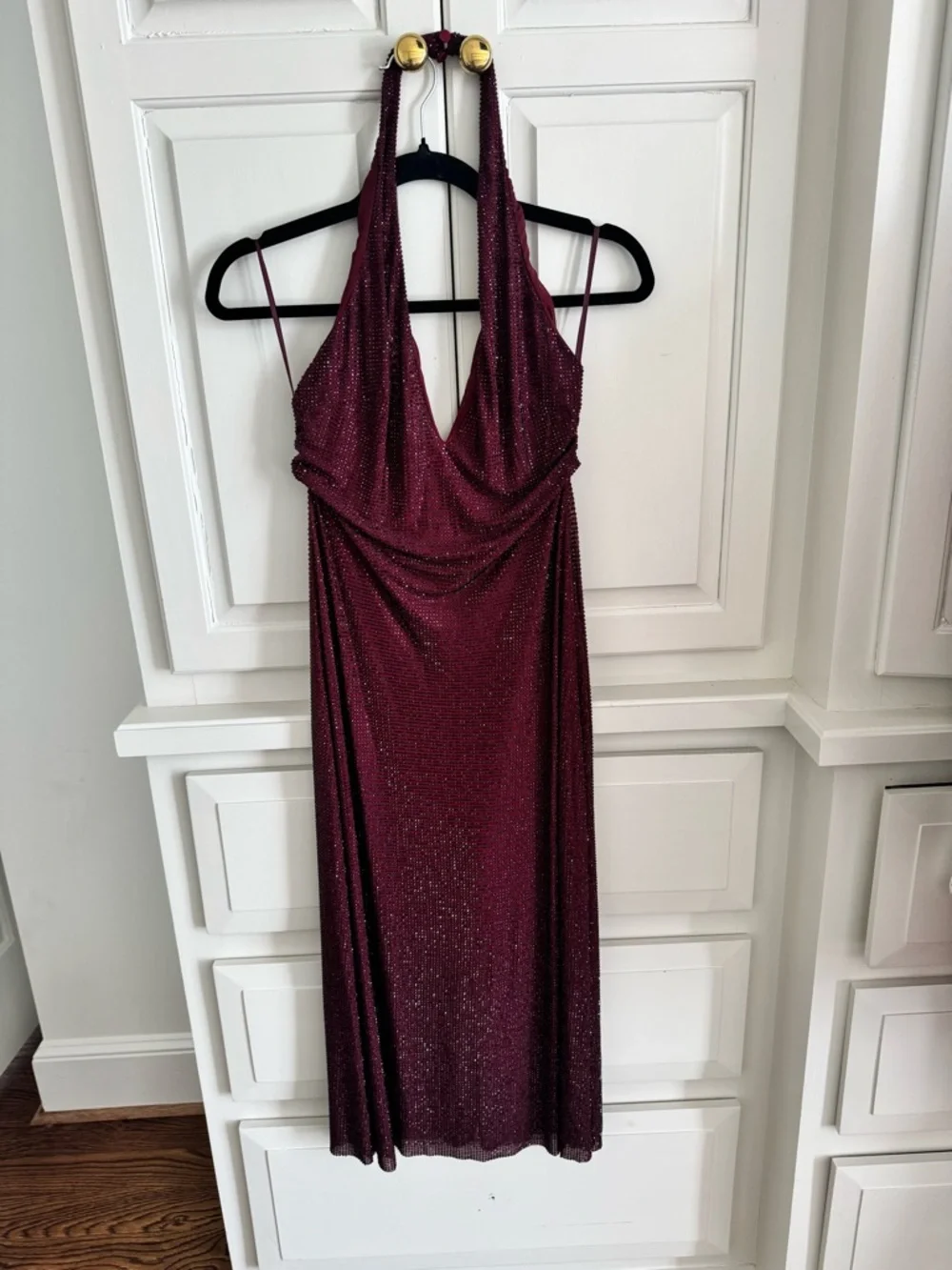 Meshki Burgundy Sparkle Halter Midi Dress - Picture 3 of 8